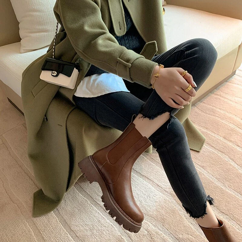deanwangkt  fashion inspo   NEW Fall/Winter Shoes Women Split Leather Ankle Boots Round Toe Chunky Shoes for Women Solid Chelsea Boots Leisure Black Boots - Deanwangkt