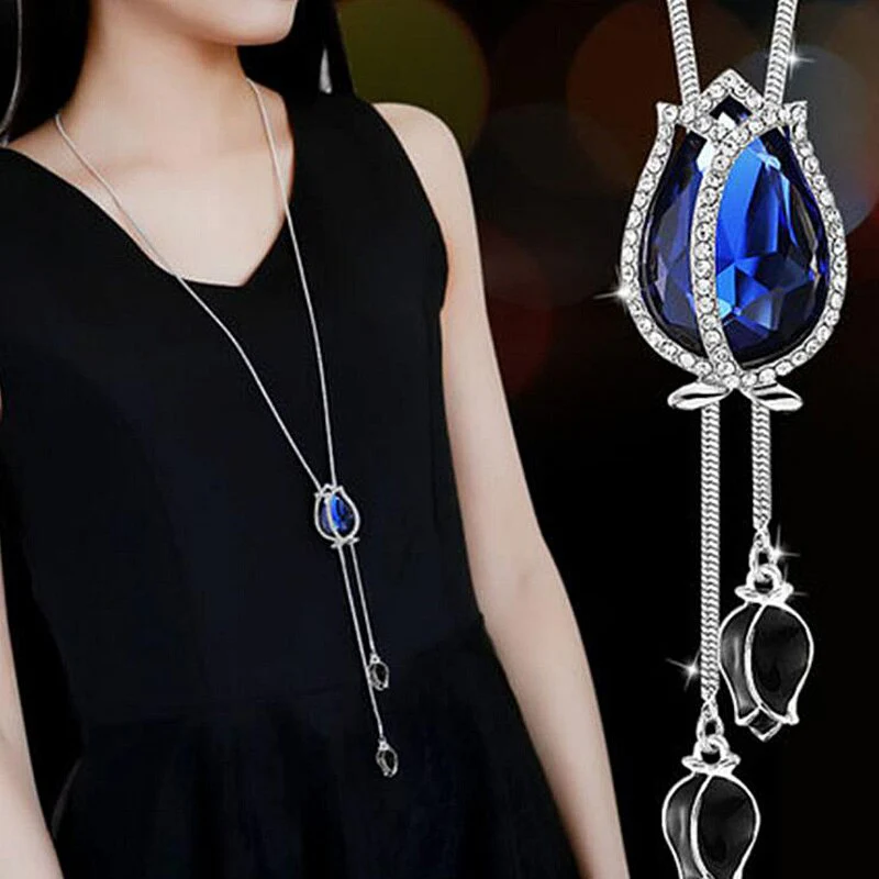 DEANWANGKT Fashion Long Chain Sweater Necklaces & Pendants for Women Blue Opal Rhinestone Flower Pendant Necklace Female Jewelry - Deanwangkt