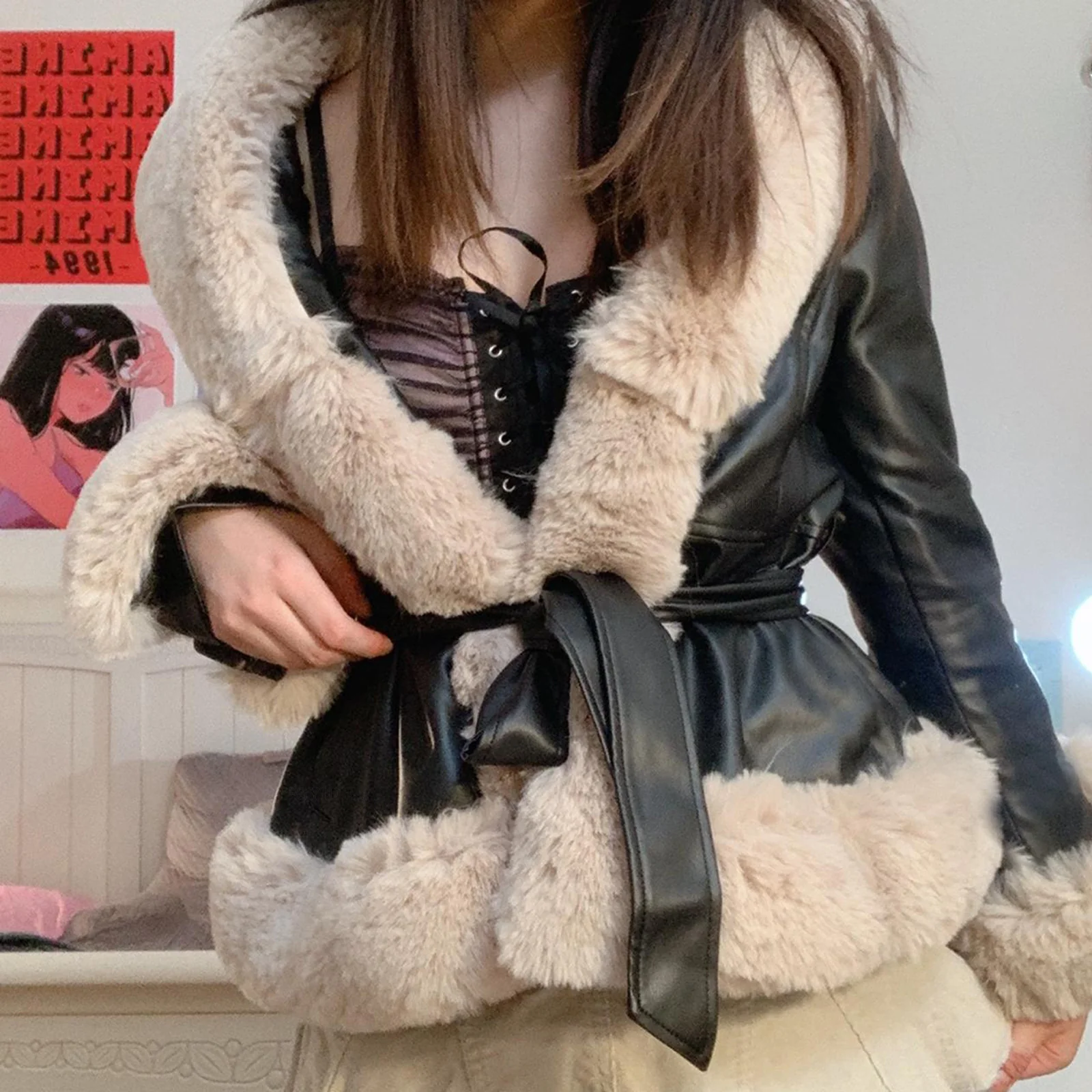 deanwangkt Fashion PU Leather Winter Warm Jackets WomenTie Belt Waist Long Coats Faux Fur Jackets Side Pockets Ladies Elegant Solid Coat - Deanwangkt