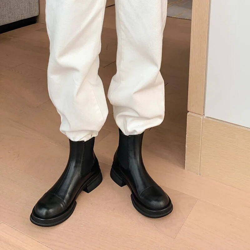 deanwangkt Autumn Boots     NEW Fall/Winter Shoes Women Split Leather Ankle Boots Round Toe Chunky Shoes for Women Solid Chelsea Boots Leisure Black Boots - Deanwangkt