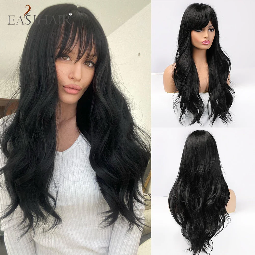 deanwangkt  Long Black Wigs Cosplay Body Wave Synthetic Wigs With Bangs For White/Black Women Brazilian American Natural Hair - Deanwangkt