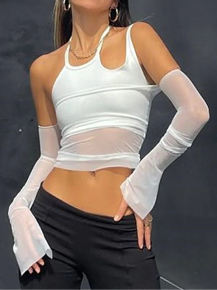 Wenkouban Y2K Mesh Top Women Long Sleeve Fashion Tees Sexy Streetwear Bodycon Transparent Hollow Out White T-Shirt - Deanwangkt