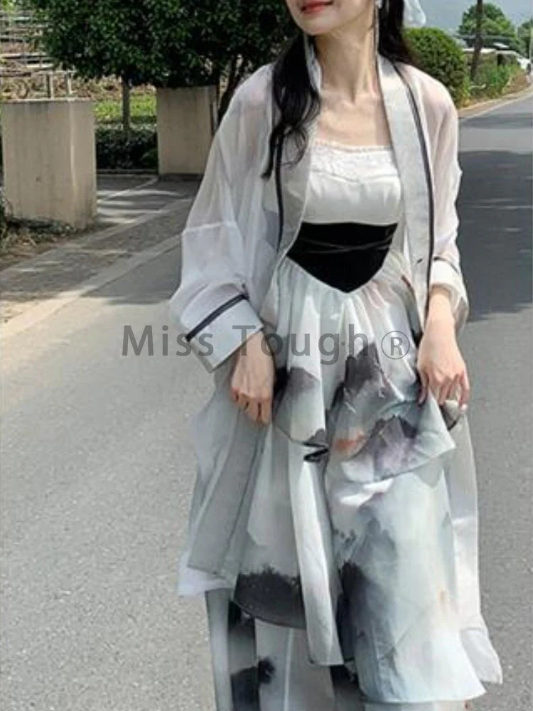 Joskka Vintage Elegant Strap Dress Women Print Korean Style Designer Party Midi Dress High Waist Casual France Fairy Dress Female - Deanwangkt