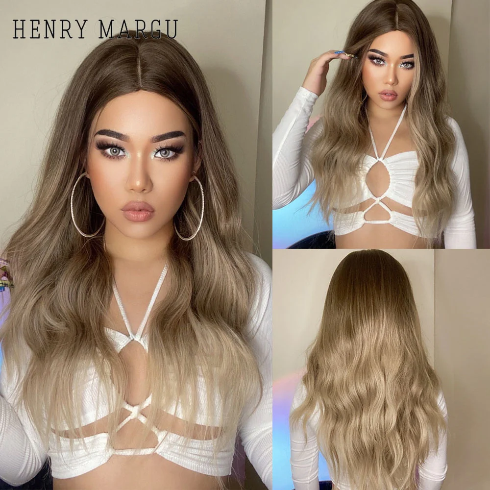 Long Ombre Brown Light Ash Platinum Blonde Wavy Wigs Cosplay Party Synthetic Wig for Women High Temperature Fibre - Deanwangkt