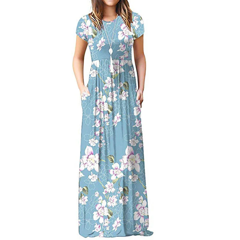 Summer Maxi Floral Dress Women Long Party Dress Ladies Loose Pocket Short Sleeve Casual Dress Robe Femme Sundress - Deanwangkt
