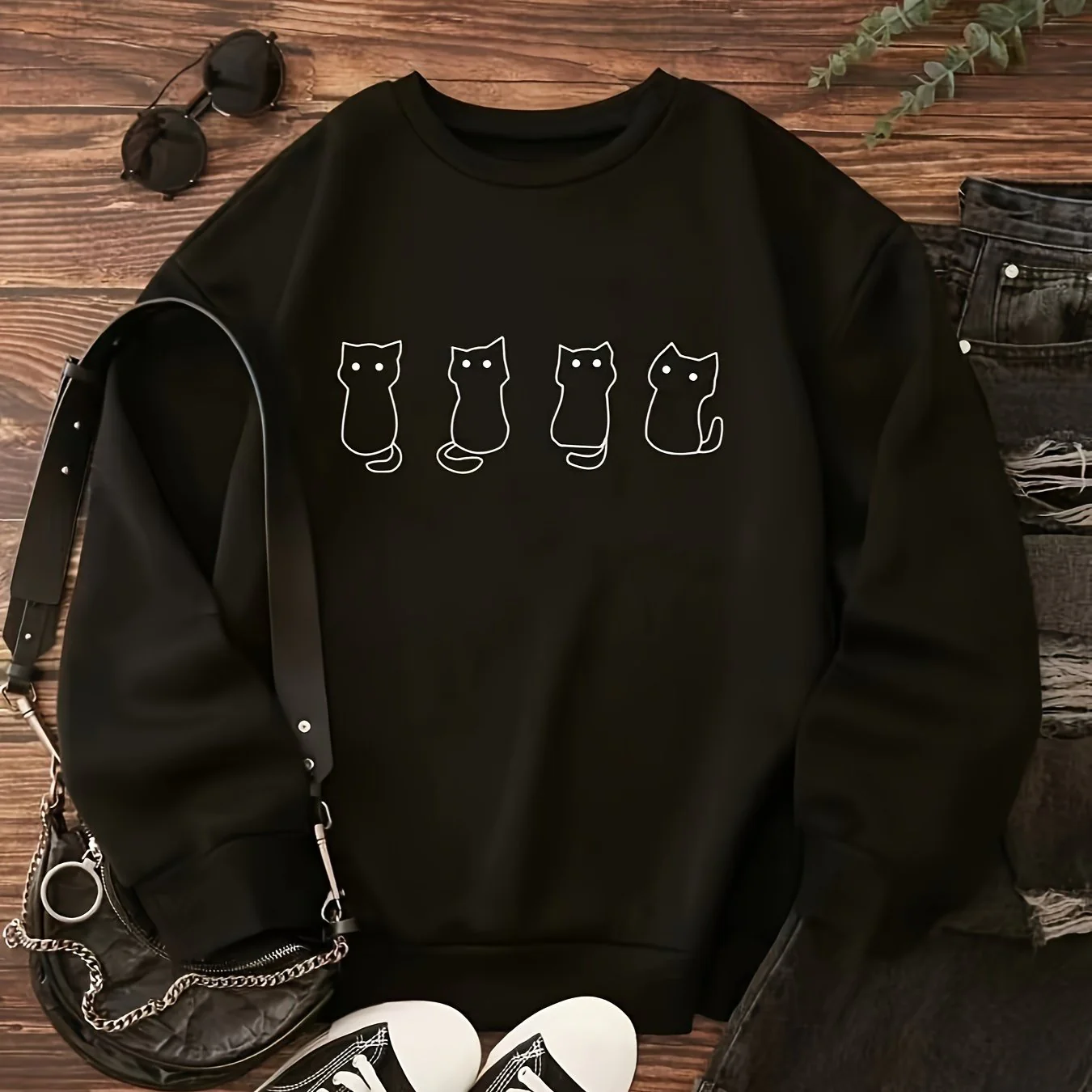 deanwangkt  Cat Print Pullover Sweatshirt, Casual Long Sleeve Crew Neck Sweatshirt For Fall & Winter, Women's Clothing - Deanwangkt