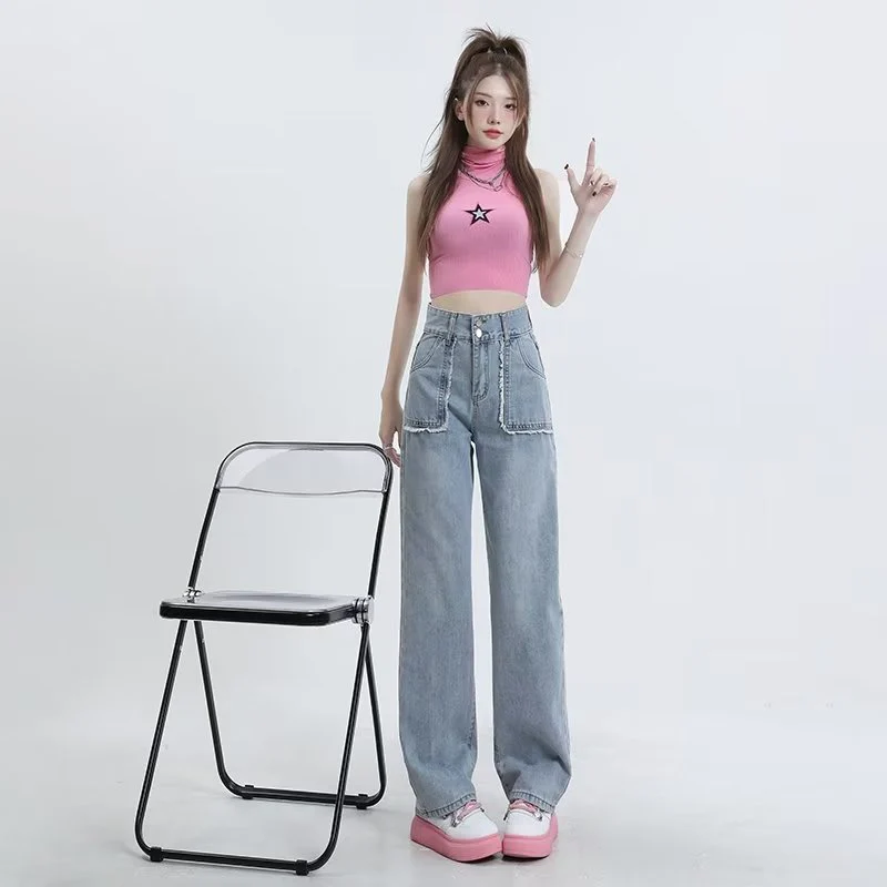 deanwangkt High End Denim Women's Summer Raw Edge Stitching Design For Lifting Buttocks And Slimming Straight Wash Pants - Deanwangkt