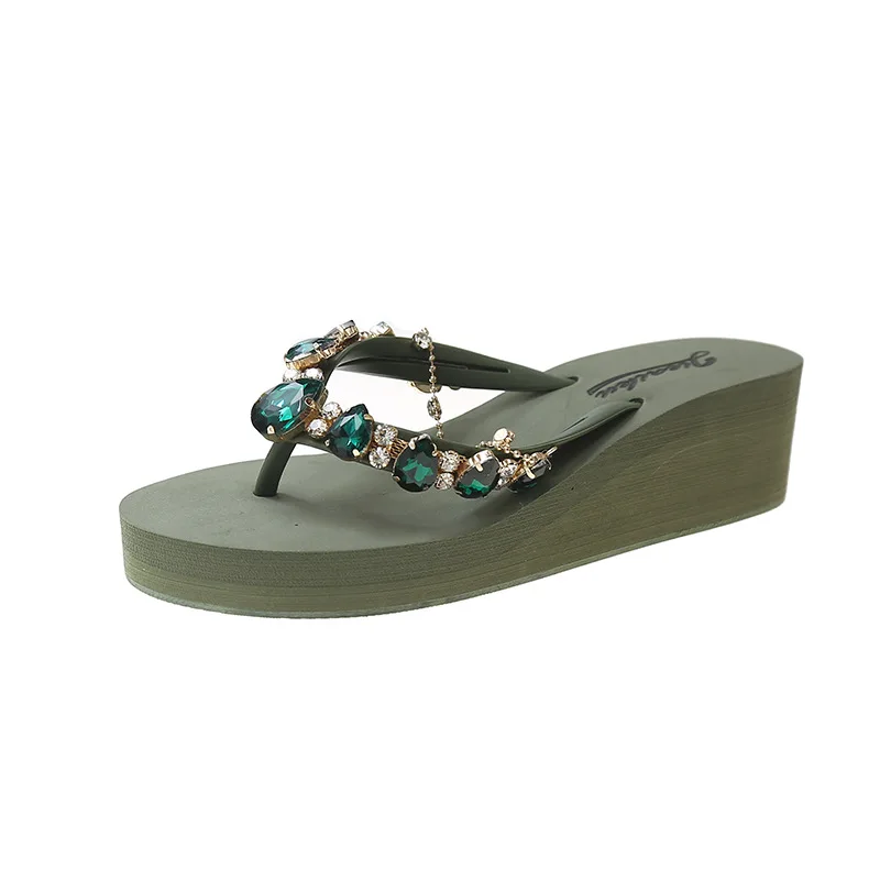 deanwangkt New Ins Rhinestone Chain Thick-soled Flip-flops Women Wear Beach Holiday Sandals and Slippers with Wedges Outside Summer. - Deanwangkt