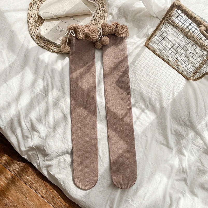 deanwangkt Japanese Vertical Stripe Plush Stockings Autumn Winter Cute Tights Kawaii Lamb Fur Wool Ball Calf Socks Lolita Knee High Socks - Deanwangkt