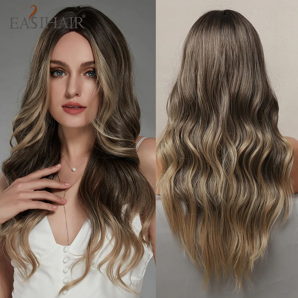 deanwangkt  Long Body Wave Wigs Ombre Black Brown Blonde Synthetic Wig Cosplay Middle Part Natural Heat Resistant Wig For Women - Deanwangkt