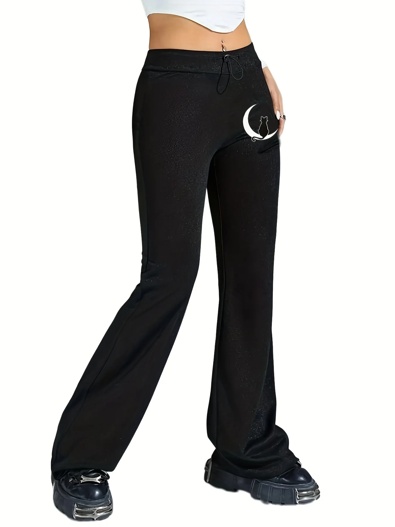 deanwangkt Plus Size Casual Pants, Women's Plus Cat & Moon Print Flared Leg Drawstring Skinny Pants - Deanwangkt