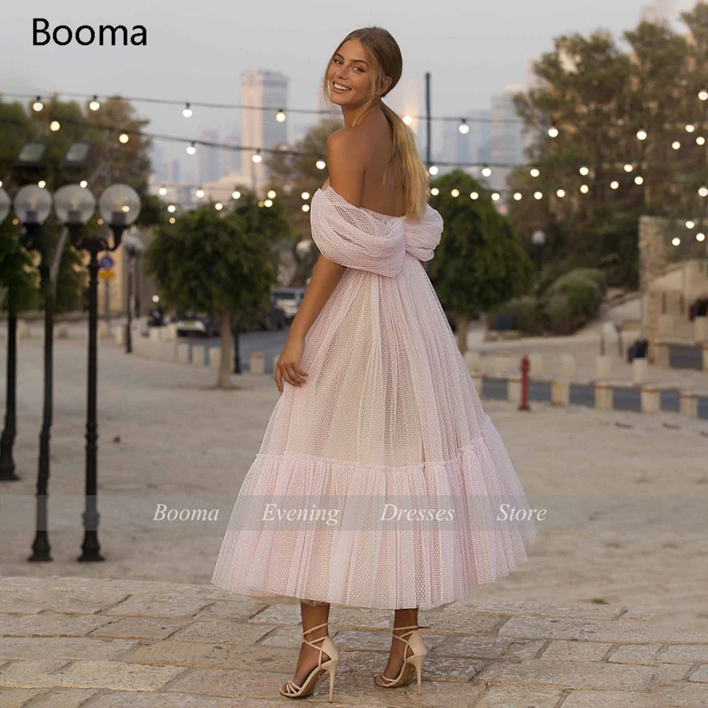 DEANWANGKT Blush Pink Short Prom Dresses  Off Shoulder Tiered Skirt A-Line Party Dresses Pleated Tea-Length Tulle Formal Gowns - Deanwangkt