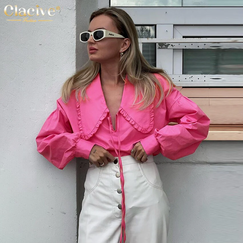 deanwangkt Sexy Loose Pink Shirts For Women Fashion Doll Collar Long Sleeve Office Lady Blouses Elegant Classic Top Female Clohting - Deanwangkt