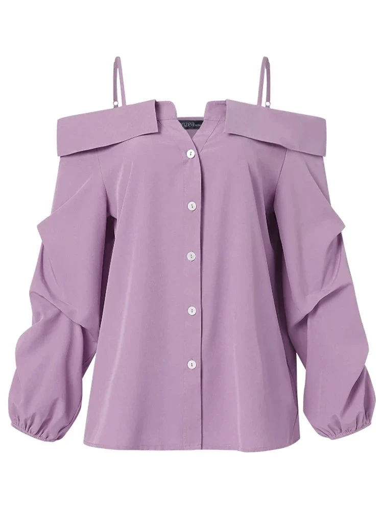 deanwangkt Fashion Shirts Women Sexy Off Shoulder Blouse Summer Casual Straps Button Tops Long Sleeve Pleated Solid Loose Tunic - Deanwangkt