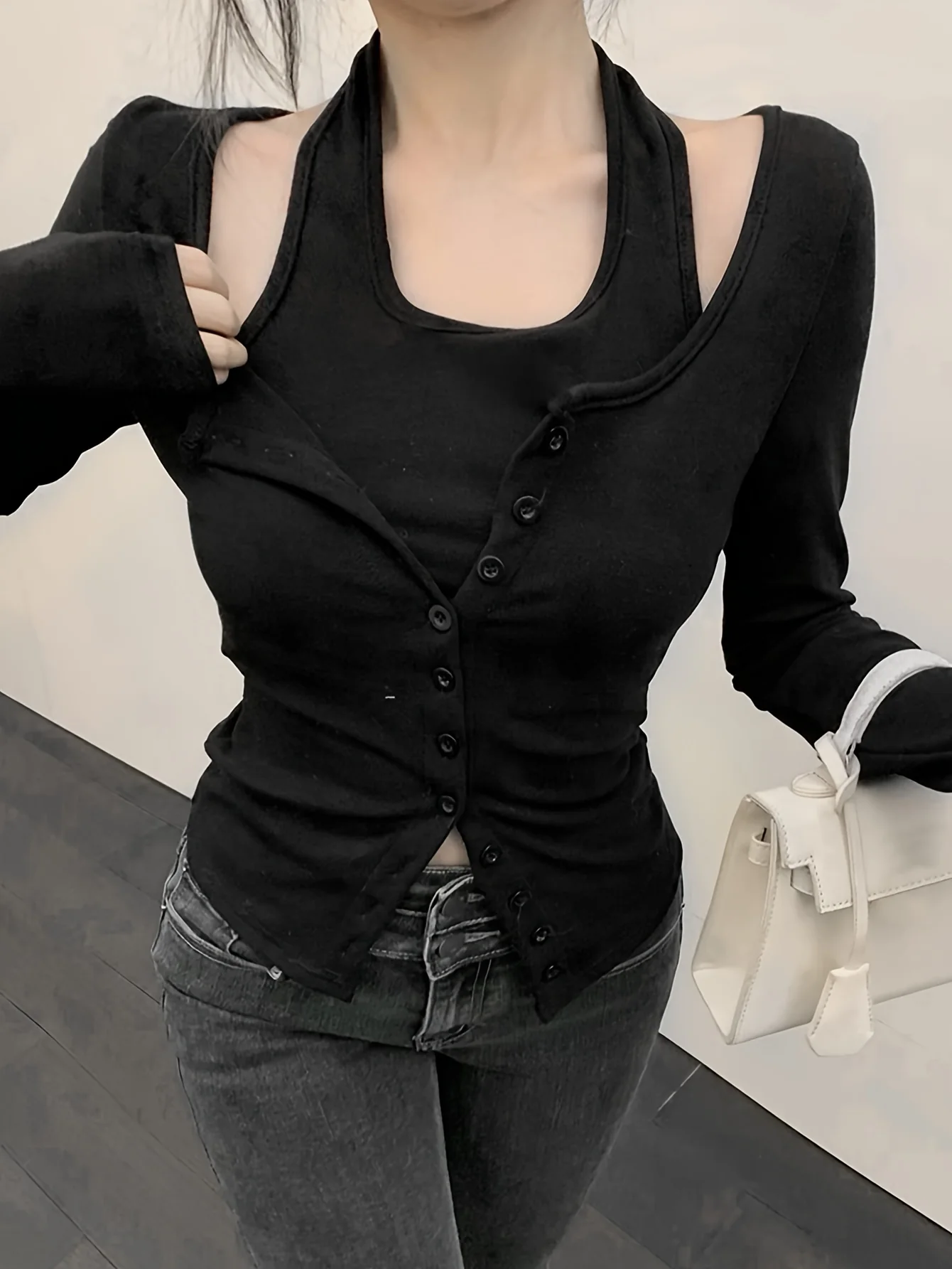 deanwangkt  Faux Twinset Halter Neck Top, Casual Long Sleeve Button Top For Spring & Fall, Women's Clothing - Deanwangkt