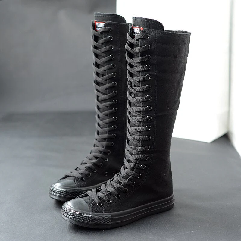 DEANWANGKT  Spring Autumn Women Shoes Canvas Casual High Top Shoes Long Boots Lace-Up Zipper Comfortable Flat Boots Sneakers Size 34-43 - Deanwangkt