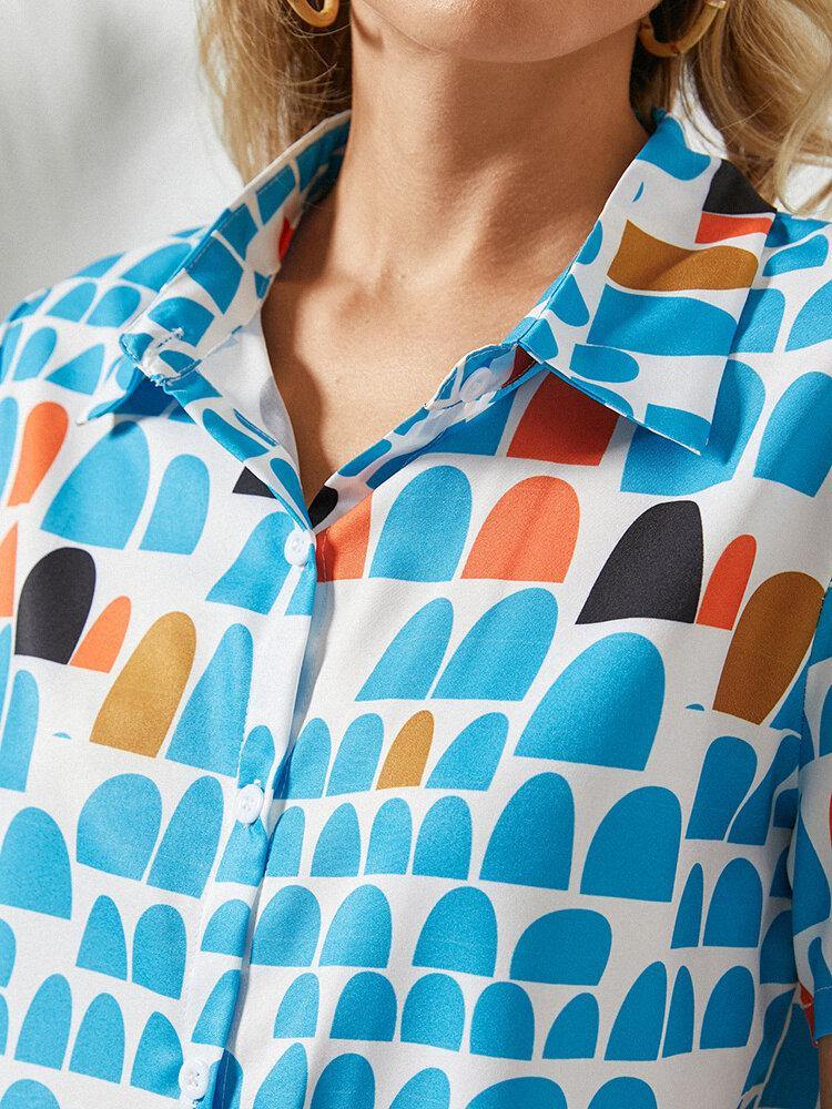 deanwangkt Geometric Print Lapel Short Sleeve Button Blouse For Women - Deanwangkt