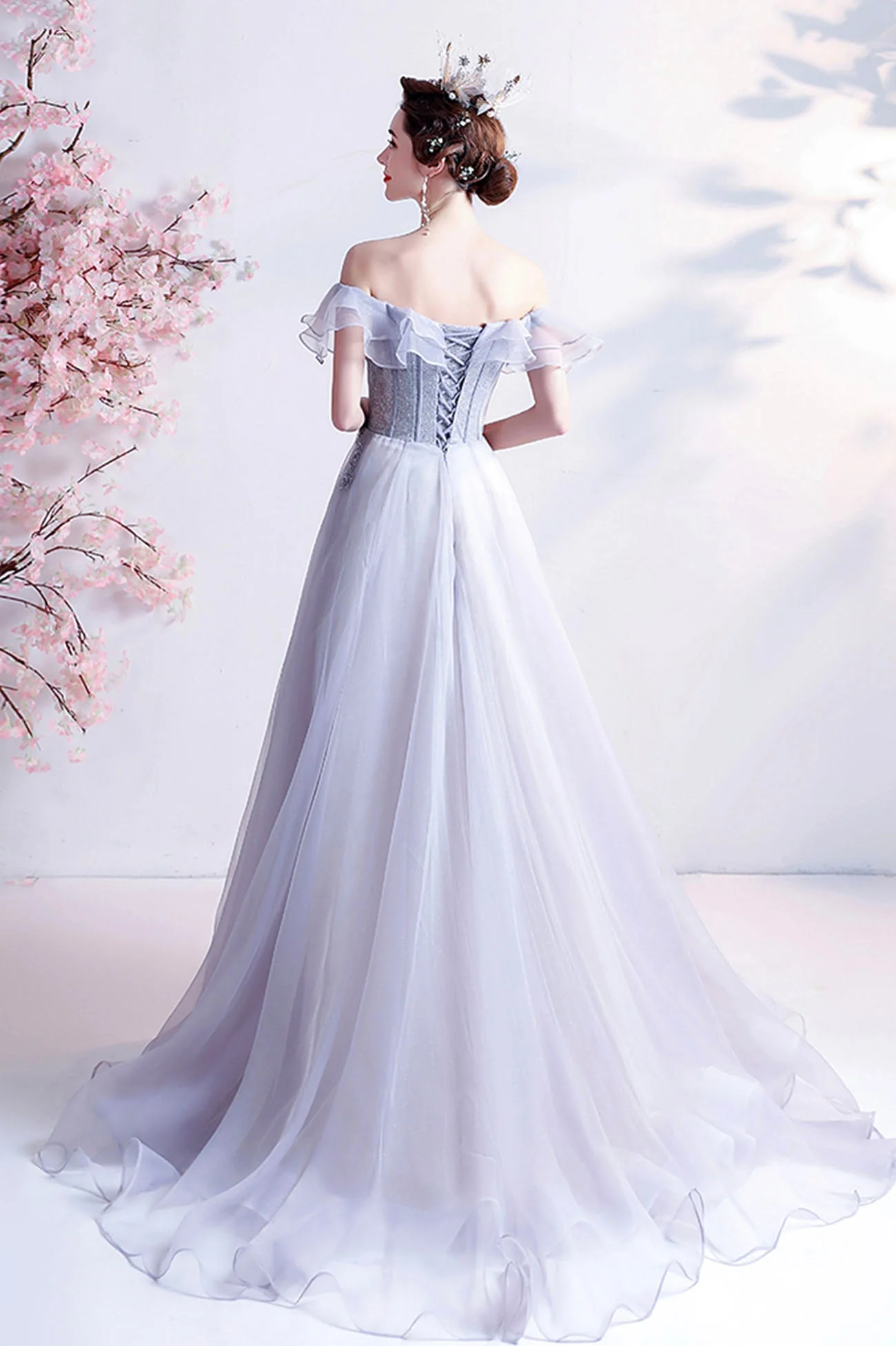 solvbao Gray Tulle Off the Shoulder Prom Dress, A-Line Evening Dress - Deanwangkt