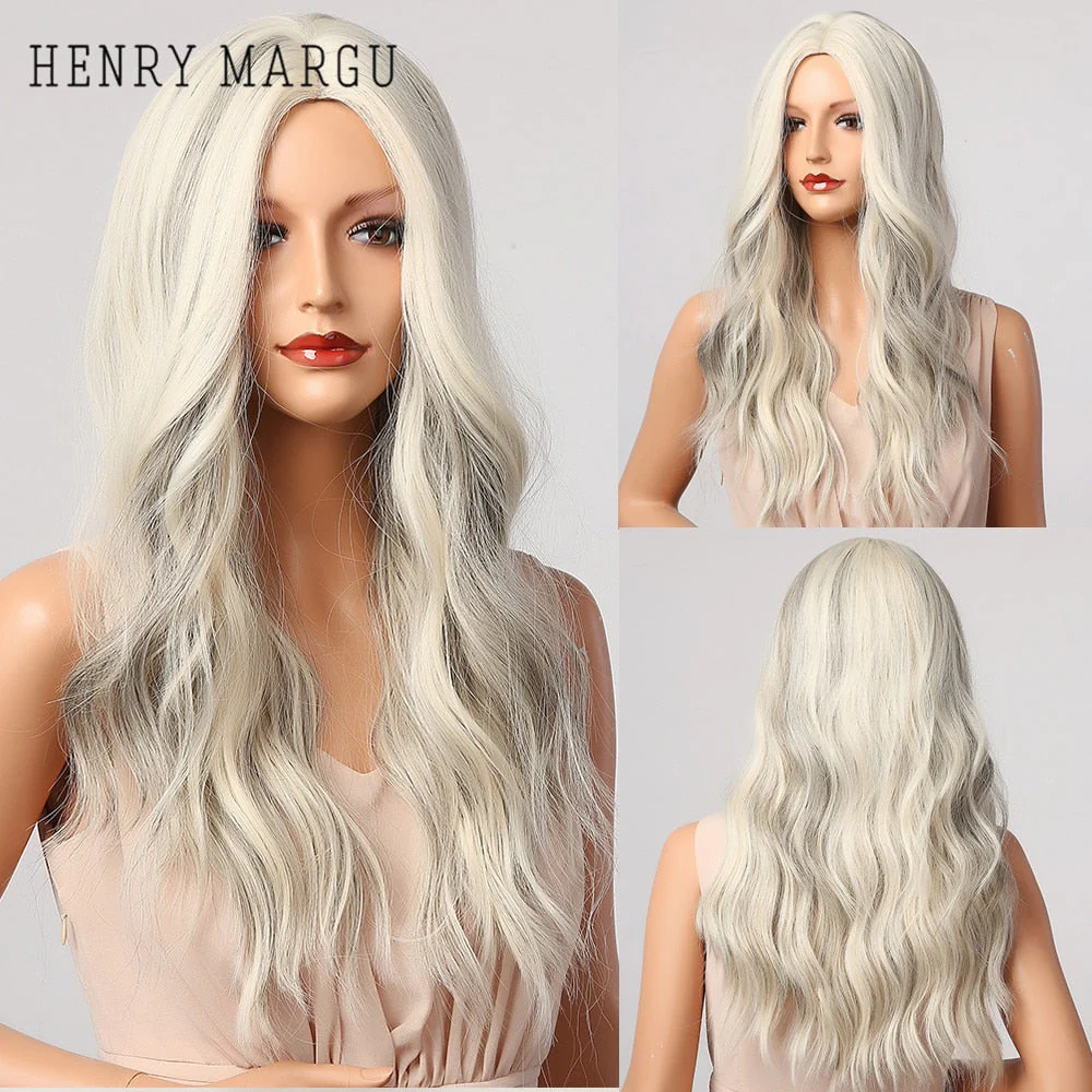 Long Ombre Brown Light Ash Platinum Blonde Wavy Wigs Cosplay Party Synthetic Wig for Women High Temperature Fibre - Deanwangkt