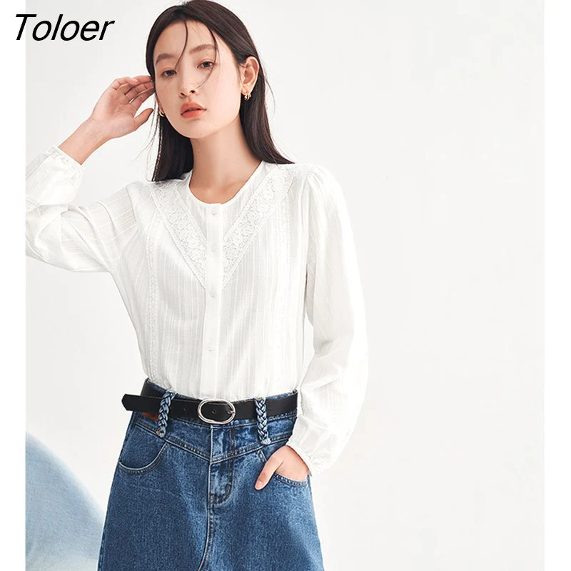 deanwangkt Women Shirts  Spring Bishop Sleeve O Neck Loose Blouse Lace Embroidery White Blue Elegant Chic Tops - Deanwangkt