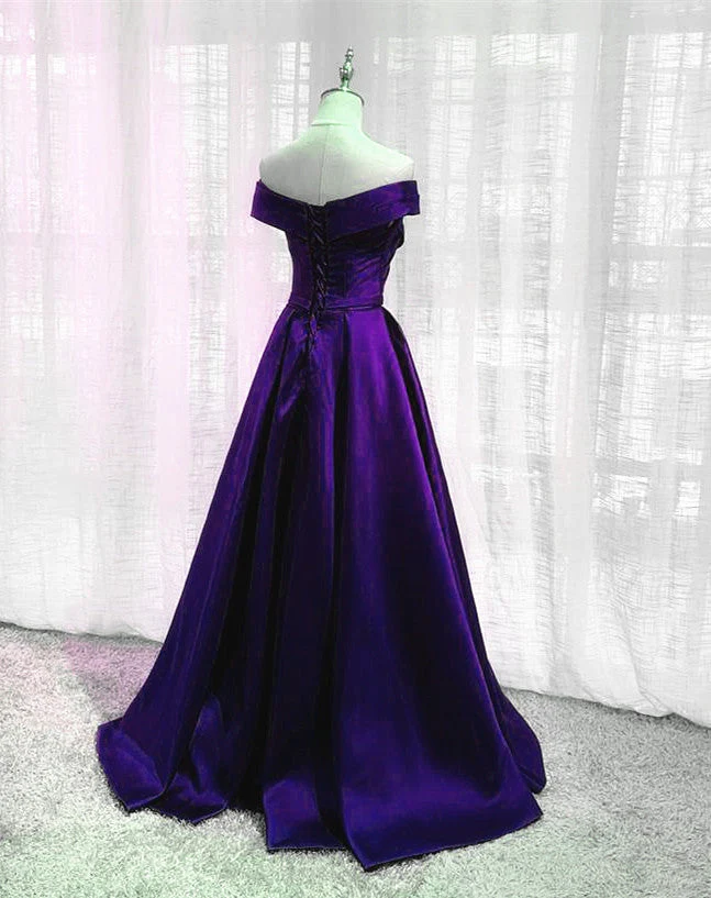 Solvbao Simple Off Shoulder Satin Long Prom Dress, Dark Purple Party Dress Evening Gown - Deanwangkt