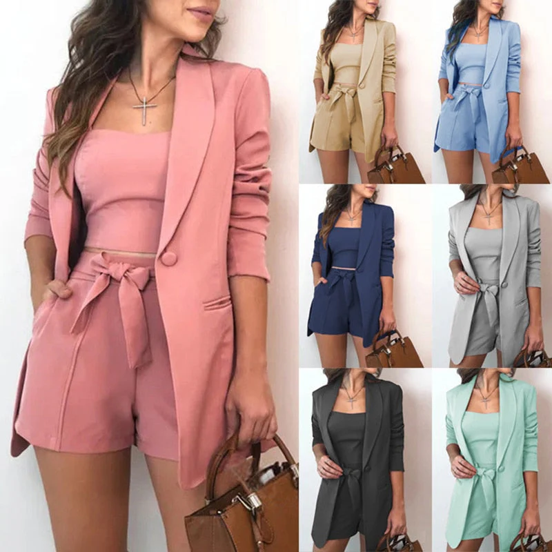 deanwangkt 3pcs/Set Office Lady Outfits Long Sleeve Blazer Set Women Solid Color Blazer Coat Shorts Vest Set Woman Sexy Suit Summer Clothes - Deanwangkt