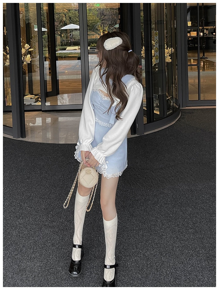 deanwangkt Lace Japanese Sweet Lolita Dress Women Bow Pink Kawaii Party Mini Dresses Female Blue Princess Korean Fashion Dresse Winter - Deanwangkt