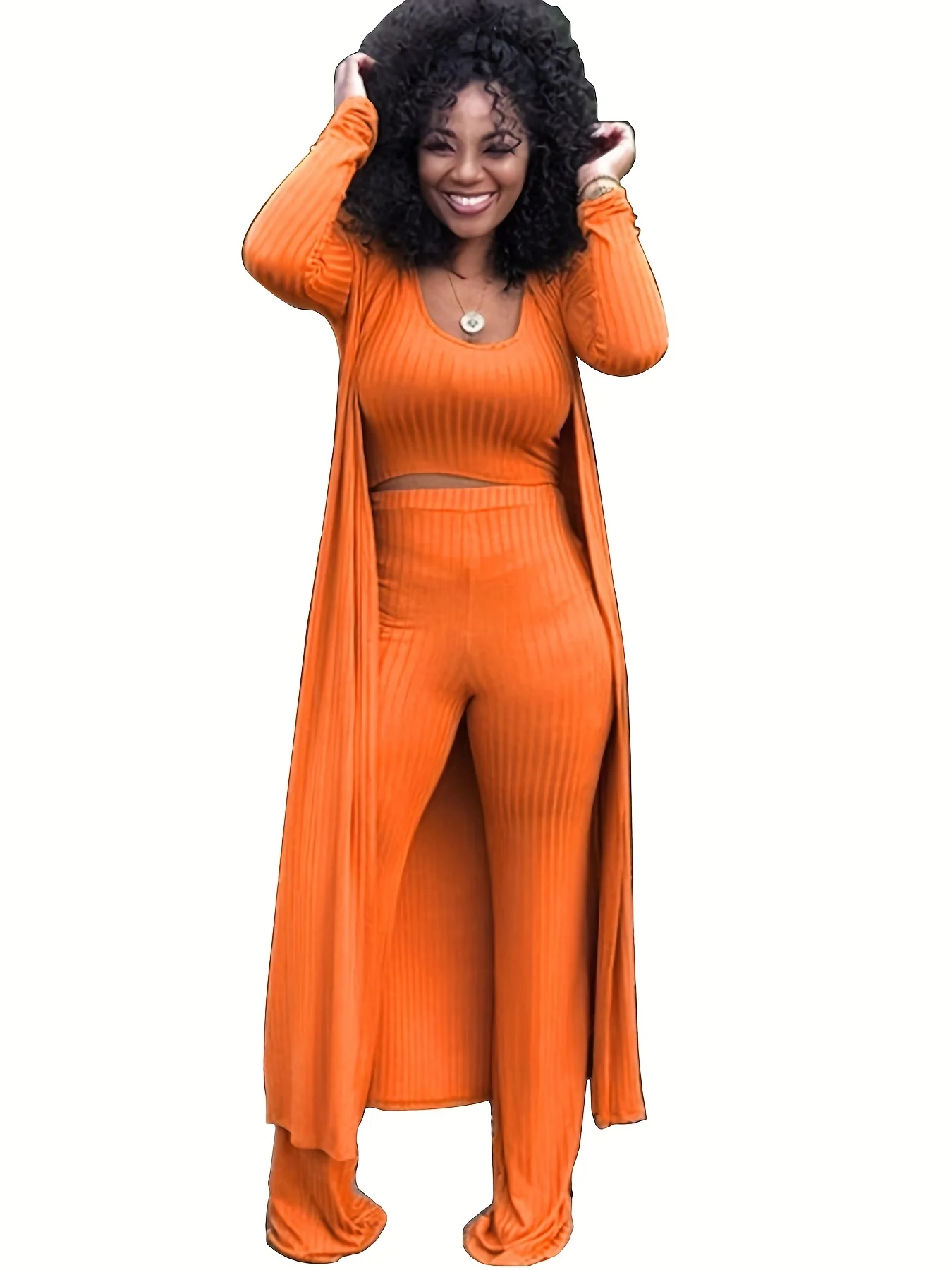 deanwangkt-1  Solid Rib Knit 3 Pieces Set, Open Front Long Length Cardigan & Bodycon Scoop Neck Tank Top & High Waist Draped Pants Outfits, Women's Clothing - Deanwangkt