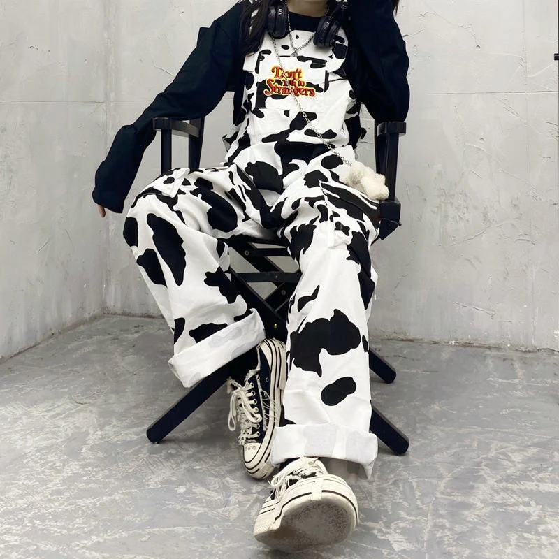 Street Hip-hop Harajuku Girl Cow Print Oneies For Women Black White Plaid Overalls Casual Jumpsuit Trousers Baggy Pants - Deanwangkt