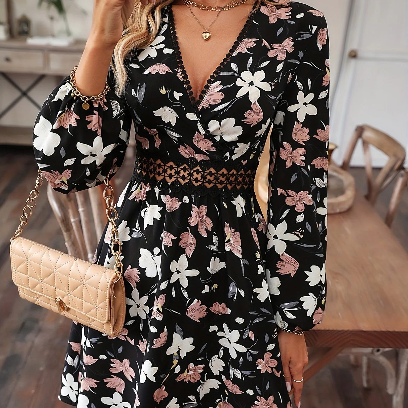 Floral Print Surplice Neck Dress, Elegant Long Sleeve A Line Dress, Women's Clothing - Deanwangkt