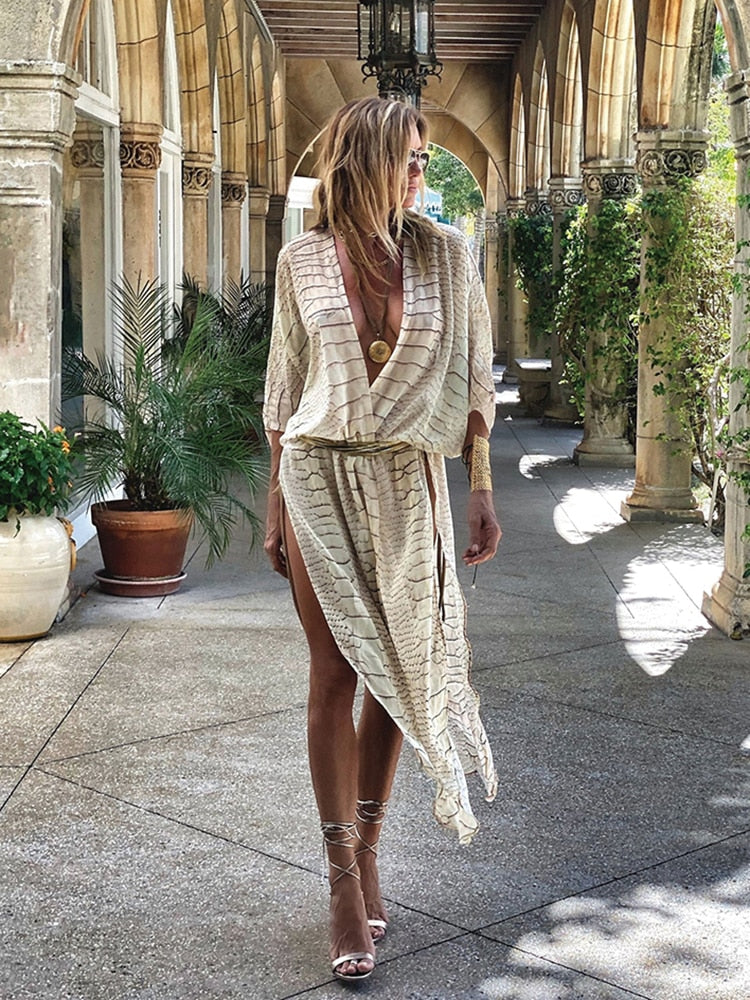 deanwangkt Sunforyou Chiffon Beach Cover up Print Tiger Striped Kaftan Tunic Swimsuit Cover up Plus Size Pareo Pants Beach Kimono Beachwear - Deanwangkt