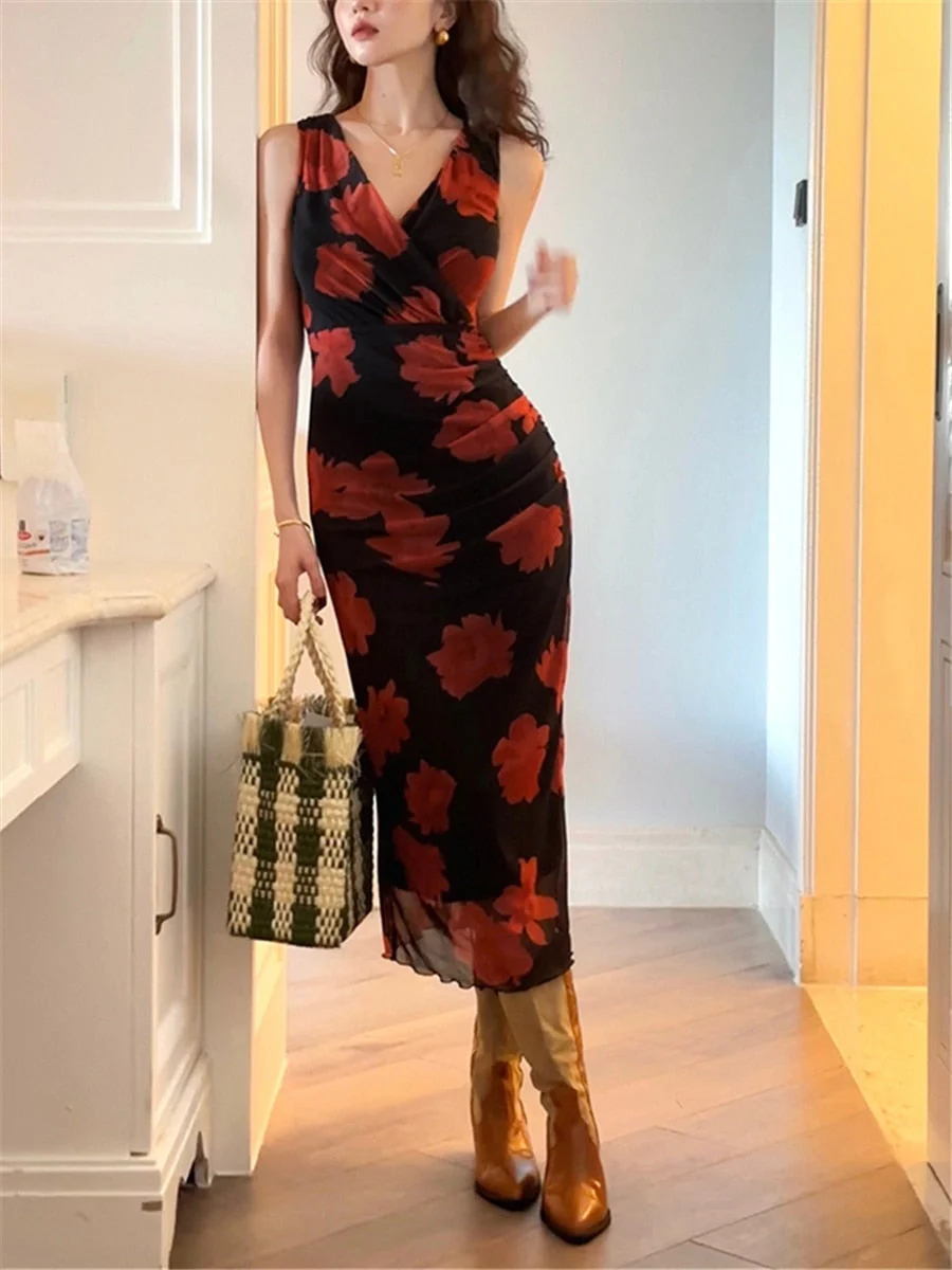 Joskka Midi Sexy Dresses Women Elegant Summer Fashion  New V-neck Vestido Vintage Spring Female Bodycon Clothes Rose Printing Dress Hoco Dress - Deanwangkt