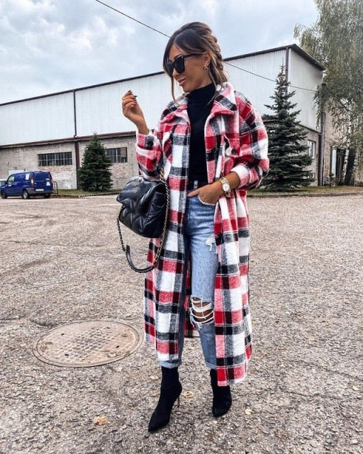 deanwangkt Women's Coat Autumn Winter Long Sleeve Red Plaid Jacket Women Lapel Single Breasted Cardigan Coat Turndown Collar Women Coat - Deanwangkt
