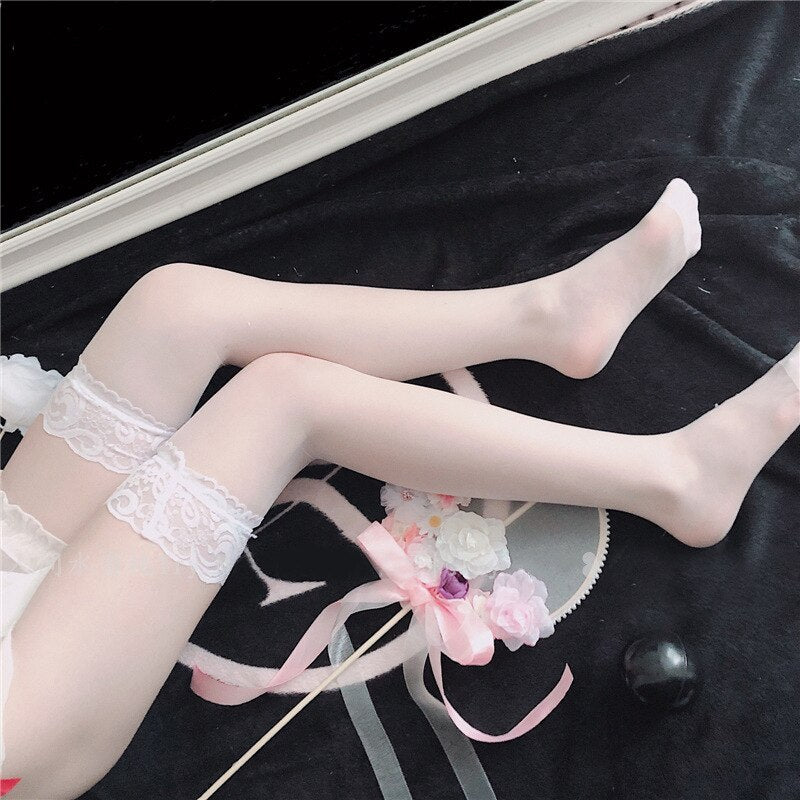 deanwangkt Silicone Sexy Stockings Embroidery Peacock Feathers Stocking Women Medias Fishnet Stockings with Bow Lace Thigh High Socks - Deanwangkt