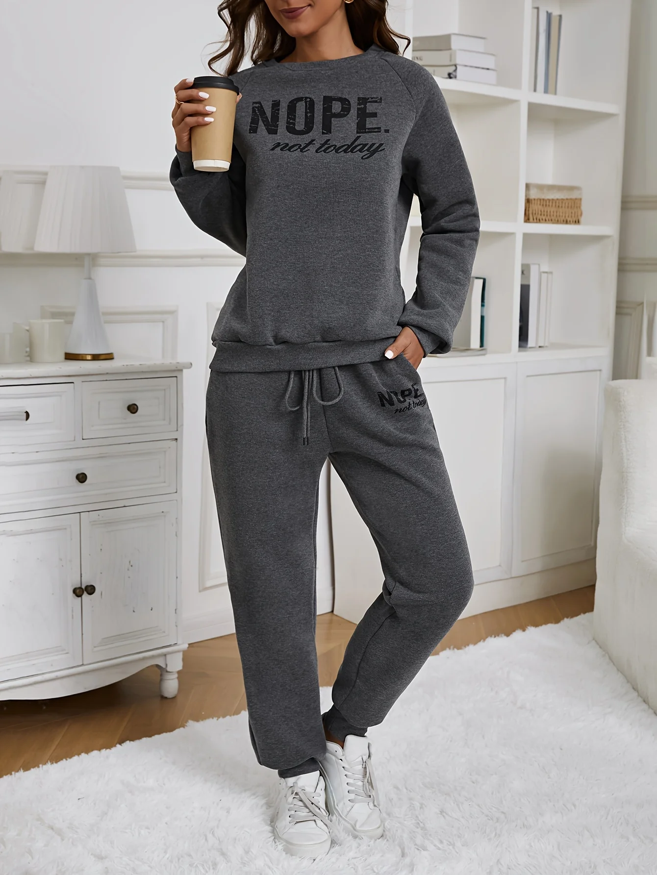 deanwangkt-1  Letter Print Two-piece Set, Casual Long Sleeve Drop Shoulder Sweatshirt & Dual Pockets Pants Outfits, Women's Clothing - Deanwangkt