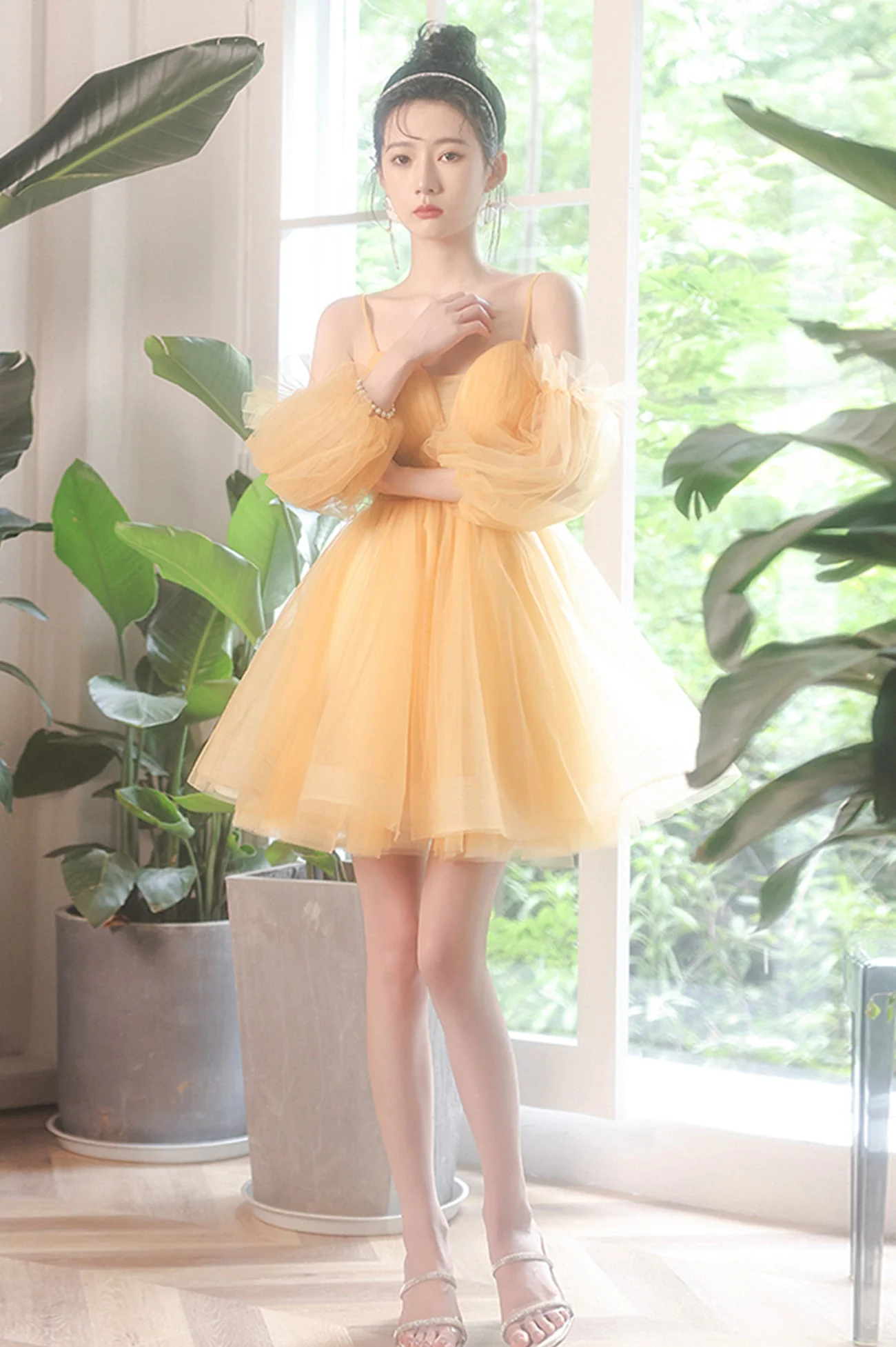 solvbao Yellow Tulle Short Prom Dress, A-Line Short Sleeve Party Dress - Deanwangkt