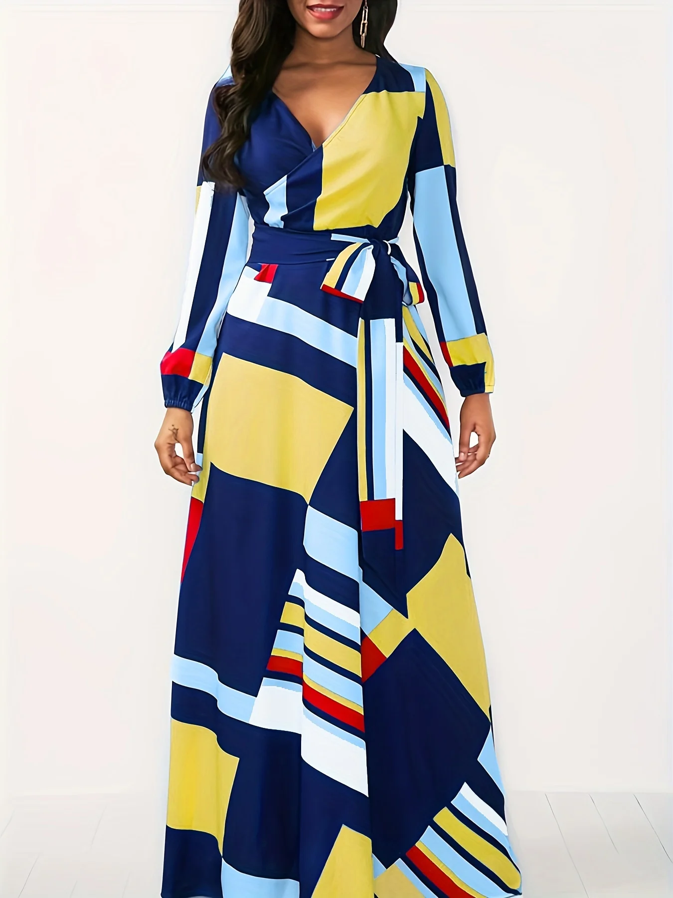 Plus Size Sexy Dress, Women's Plus Random Geometric Print Long Sleeve V Neck Wrap Dress - Deanwangkt