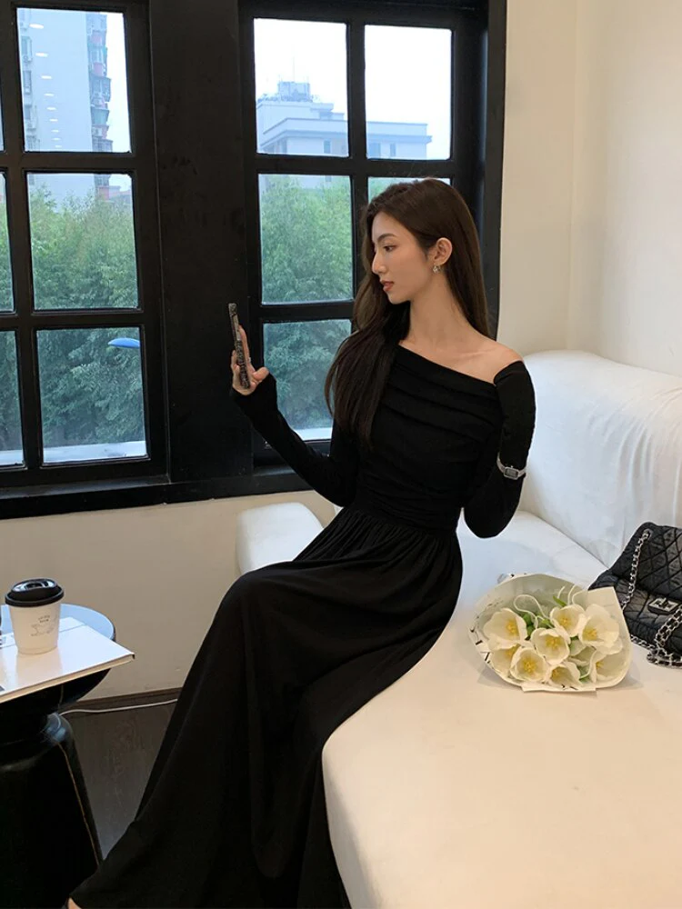 deanwangkt Autumn Fashion White Knitted Dress Women Elegant Sexy Off Shoulder Slim A-Line Robe Korean Spring Casual Long Sleeve Clothing - Deanwangkt