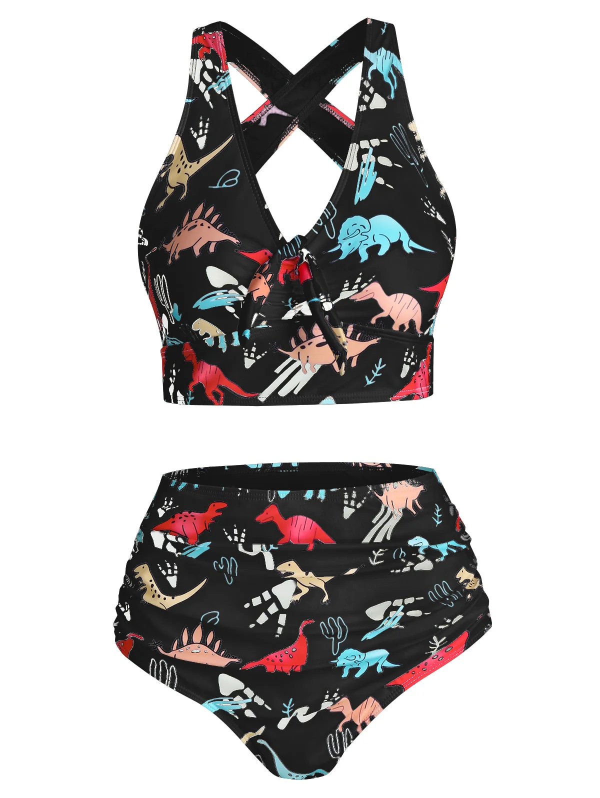 deanwangkt  Sexy Women High Waist Bikini Swimsuit Swimwear Female Bandeau Cartoon Dinosaur Print Bow Detail Padded Tankini Set Bather - Deanwangkt