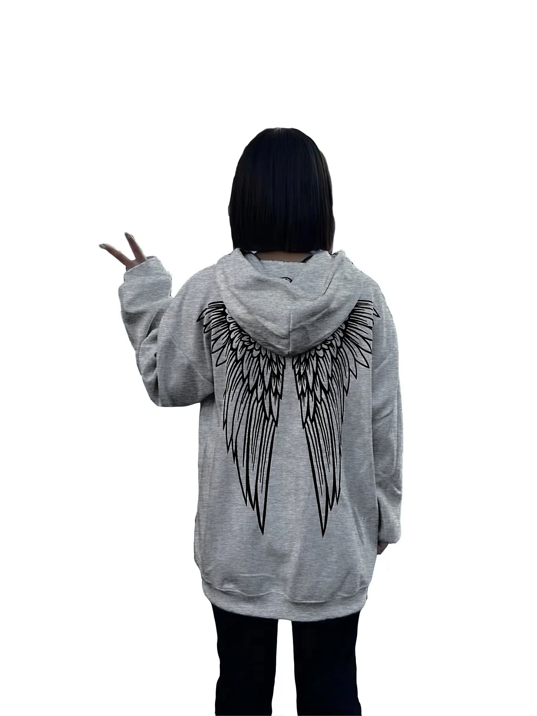 Wings Print Back Hoodies, Casual Drawstring Kangaroo Pocket Sweatshirt, Women's Clothing - Deanwangkt