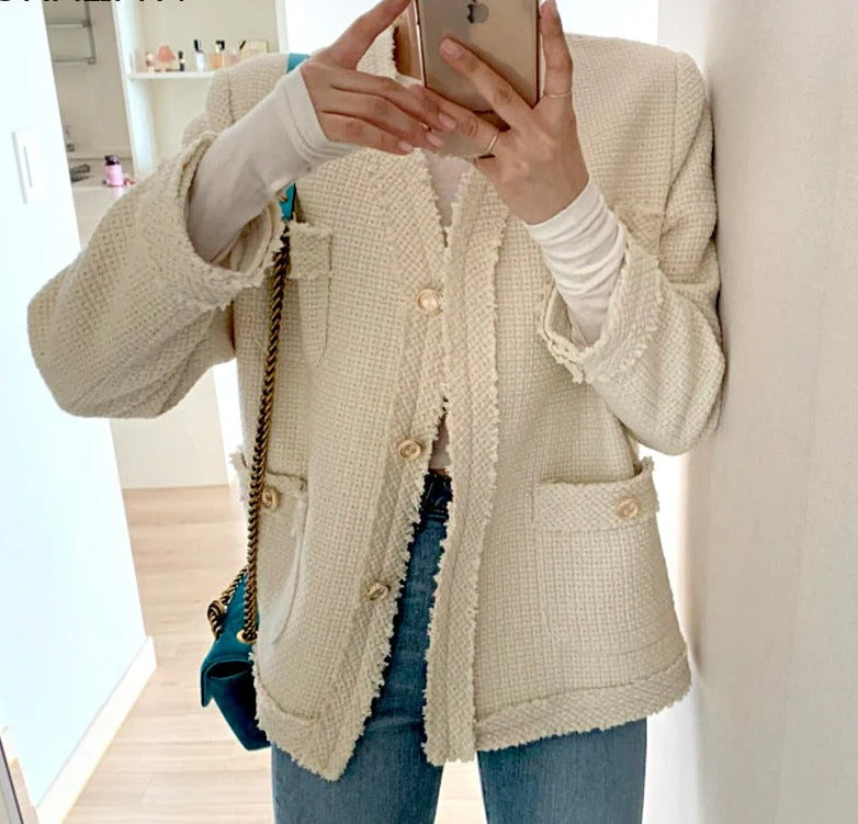 deanwangkt  Woman Jacket New Korea Elegant V-neck Edge Stitching Three Buttons Loose Pocket Tweed Short Coat Ladies Wear - Deanwangkt