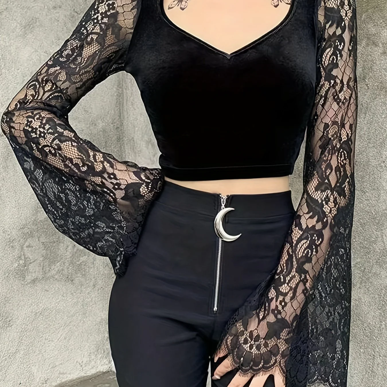 deanwangkt-1 Floral Lace Stitching V Neck T-Shirt, Casual Long Sleeve Top For Spring & Fall, Women's Clothing - Deanwangkt