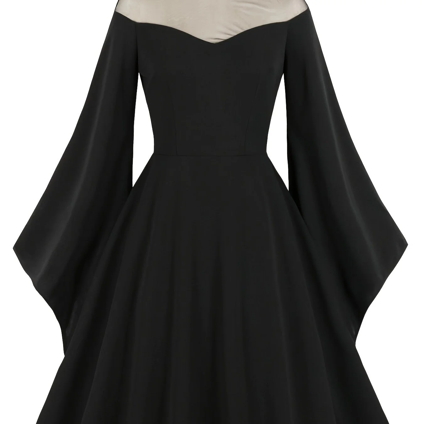 Plus Size Halloween Gothic Dress, Women's Plus Contrast Mesh Bell Sleeve High Neck Swing Party Dress - Deanwangkt