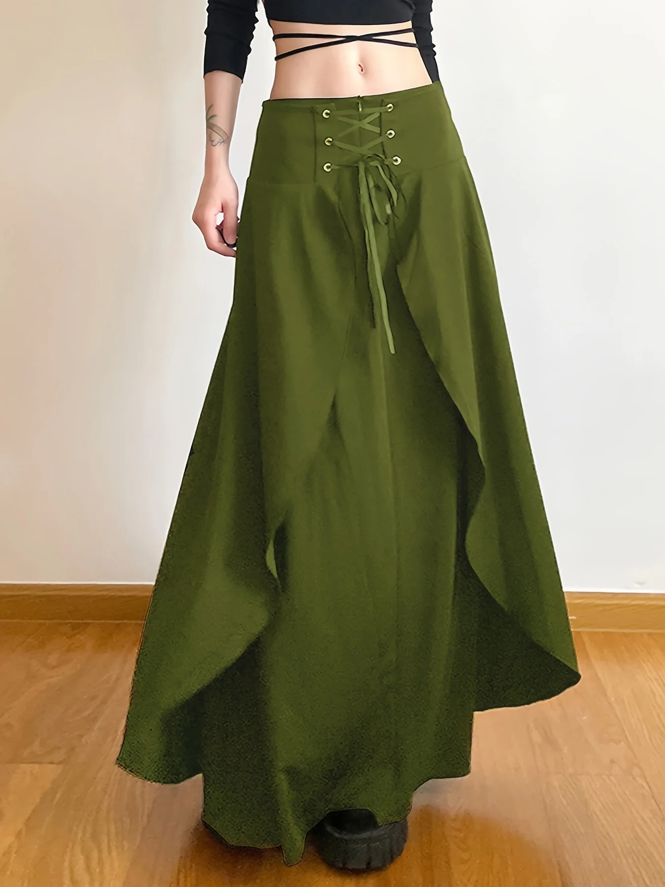 deanwangkt  Lace Up Layered Skirt, Elegant Maxi Length Solid Color A-line Skirt, Women's Clothing - Deanwangkt