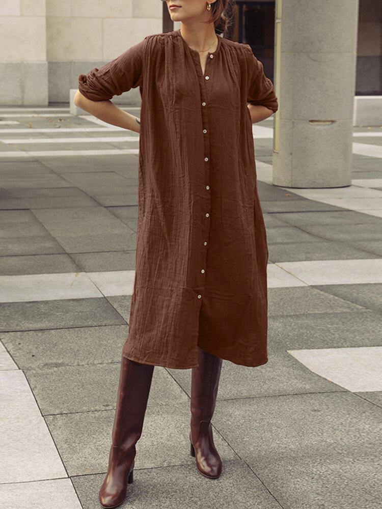 deanwangkt Casual Solid Plain Long Sleeve Button Cotton Shirt Dress - Deanwangkt