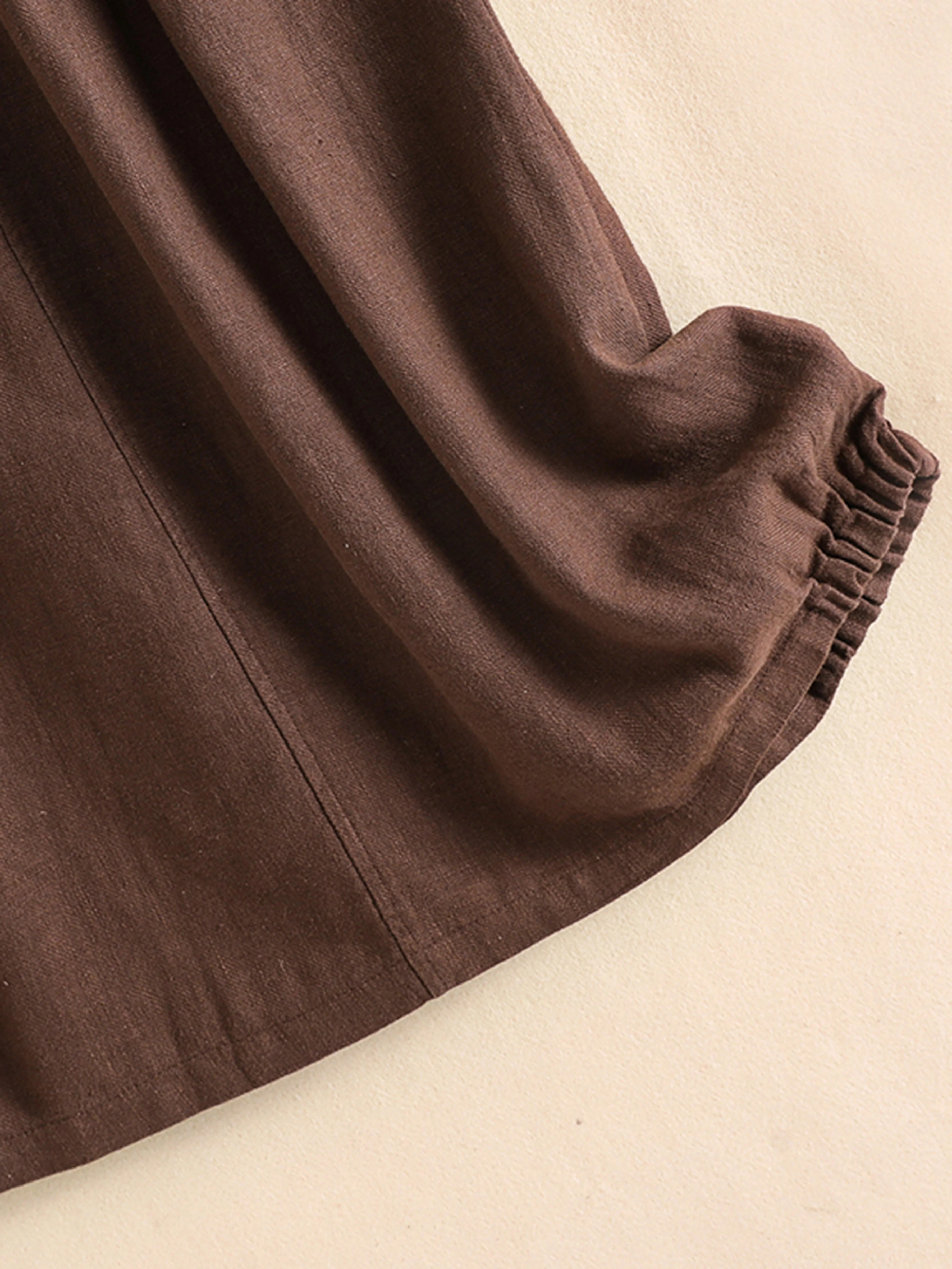 Solid Elastic Waist Button Cotton Skirt, Vintage Pocket Midi Skirt For Spring & Fall, Women's Clothing - Deanwangkt