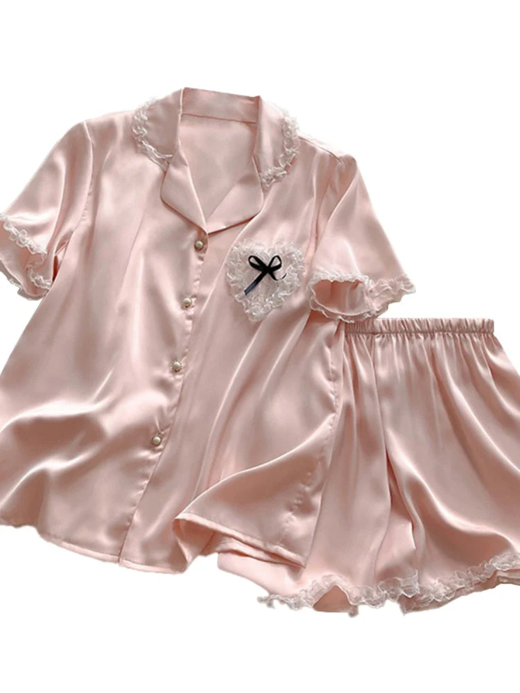 New 2 Piece Women Set Summer Short Sleeve Pajamas for Woman Fashion Silk Sleepwear Pink Lace Pocket Sexy Satin Pajama Homewear - Deanwangkt