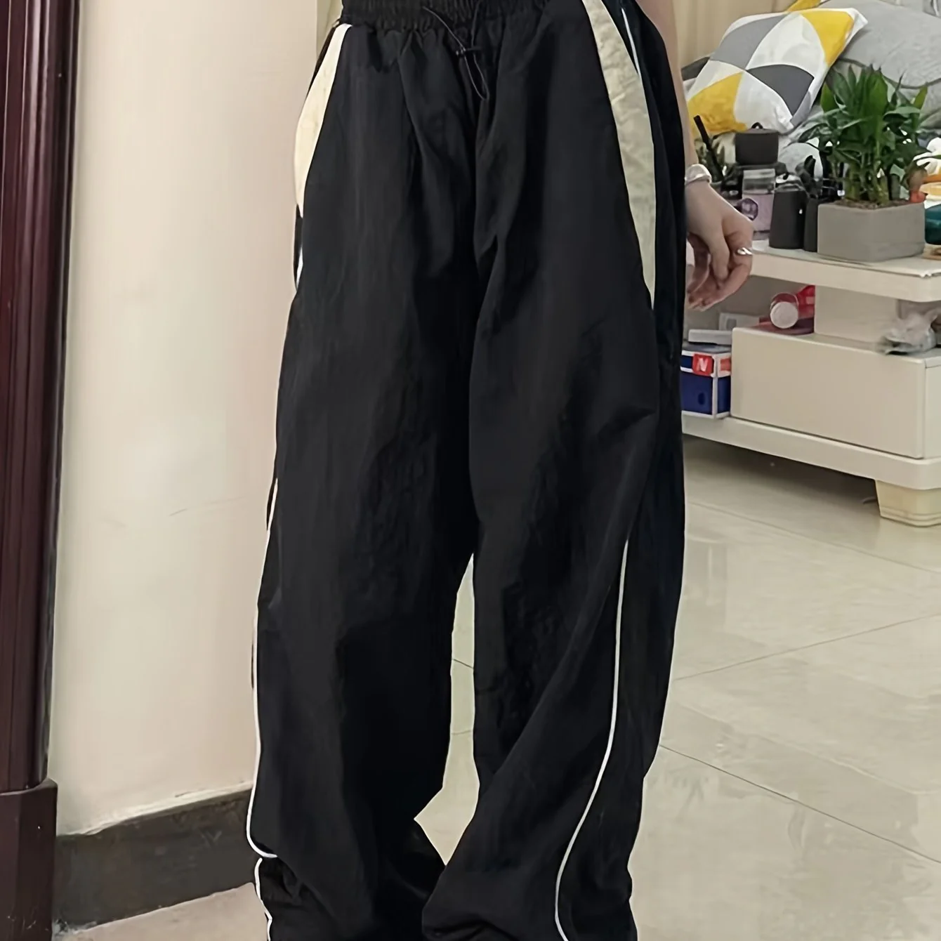 Color Block Cargo Pants, Y2K Drawstring Elastic Waist Wide Leg Pants, Women's Clothing - Deanwangkt