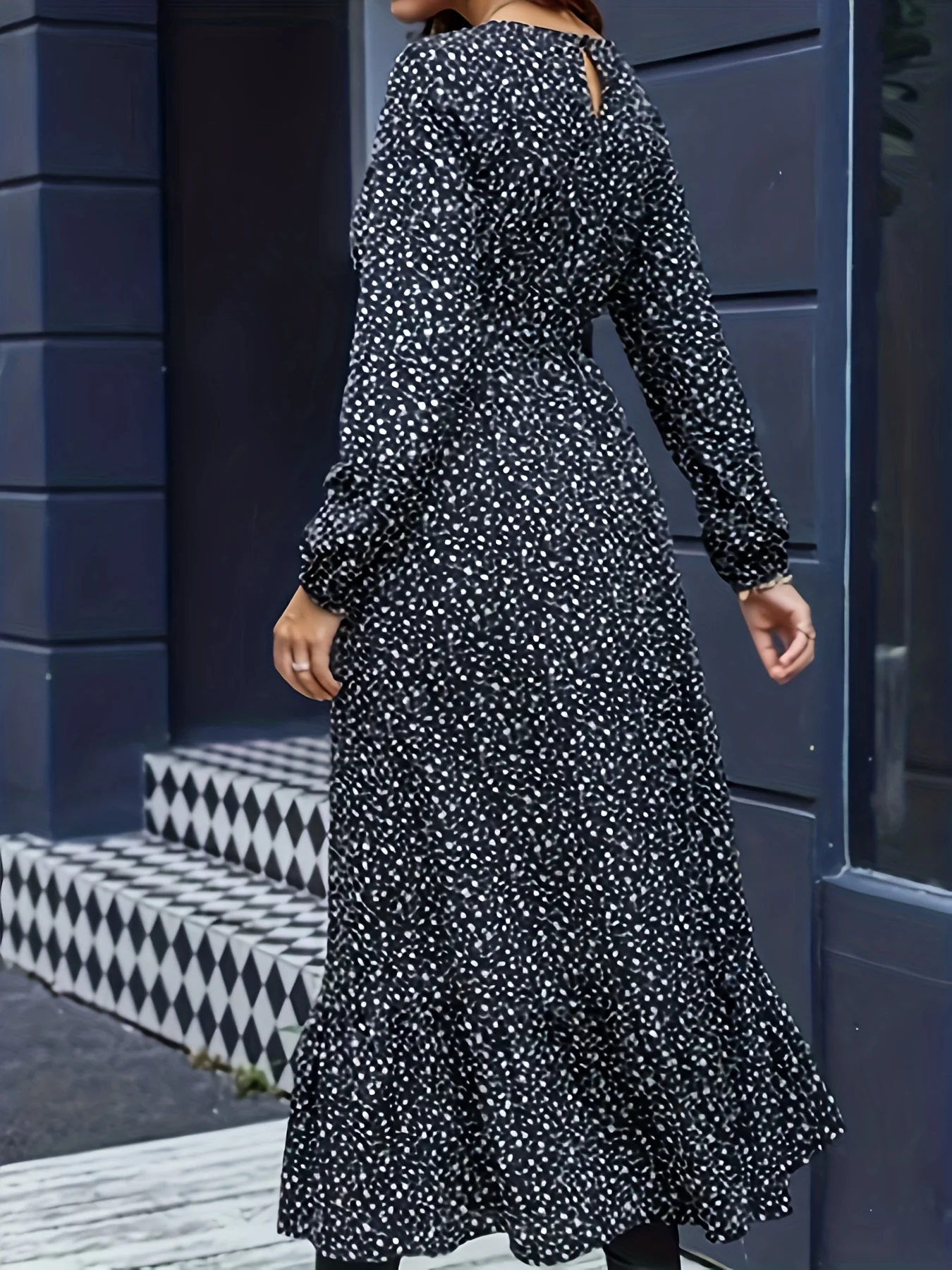 deanwangkt-1  Floral Print Crew Neck Dress, Elegant Long Sleeve Midi Dress, Women's Clothing - Deanwangkt