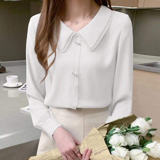 deanwangkt  fall women's chiffon shirt sweet lace trim peter pan collar blouse long sleeve blusas mujer ladies elegant plus size tops - Deanwangkt